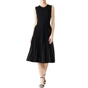 Kate Spade Black Pleated Striped Scalloped Sleeveless Knit Sweater Midi Dress XS